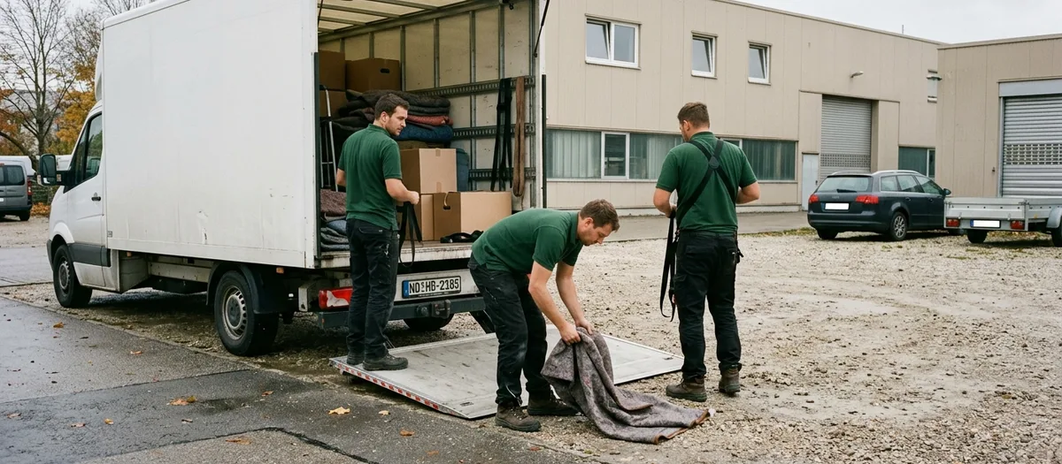 Die Umzugsmannschaft steht vor dem eigenen Umzugswagen