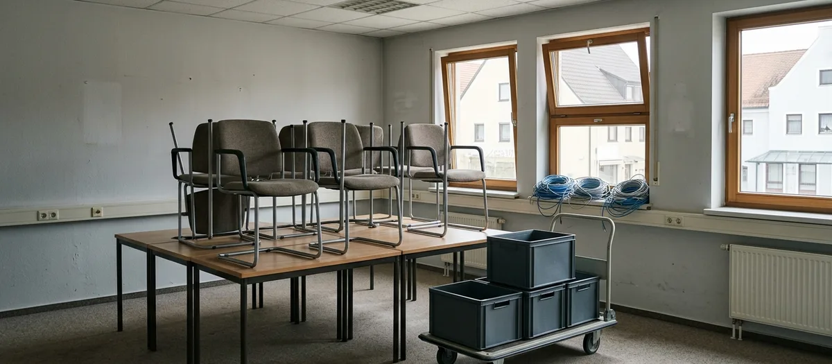 Firmenumzug, Rollcontainer stehen abfahrbereit auf der Büroetage