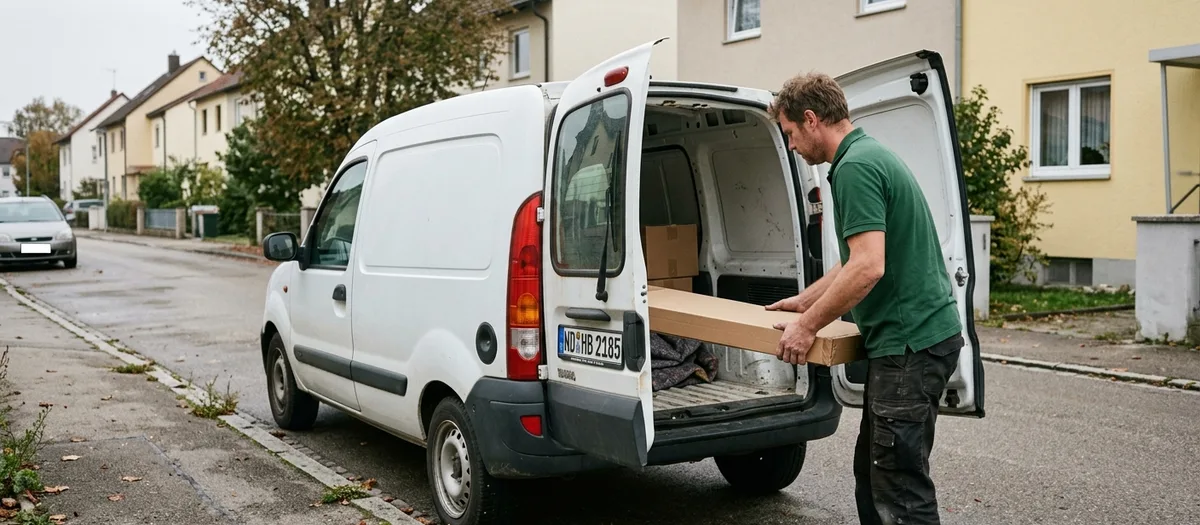 Kleintransporter mit Fahrer, ein einzelnes Möbelstück wird verladen