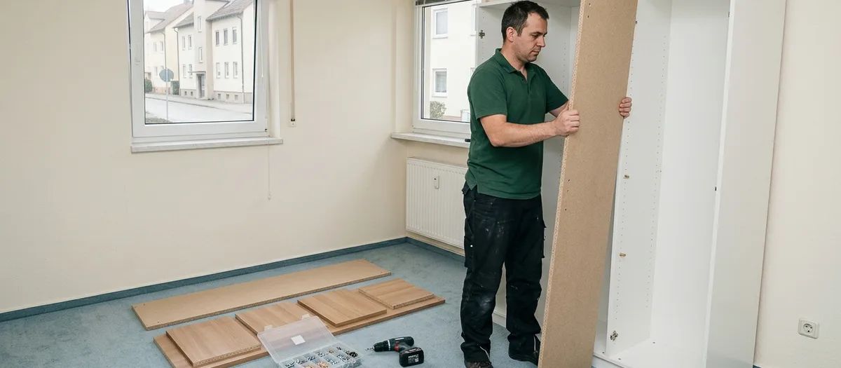 Möbelmontage, ein Schrank wird mit Akkuschrauber wieder aufgebaut