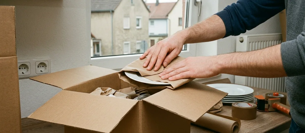 Packservice: Geschirr wird einzeln in Papier gewickelt und in den Karton gestellt