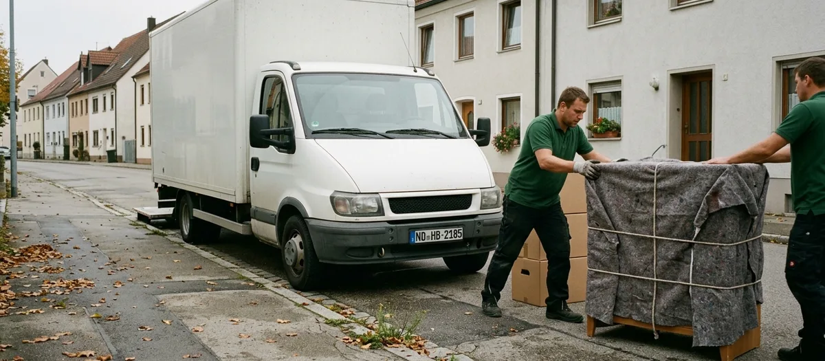 Umzugswagen steht beladebereit vor einem Wohnhaus, die Mannschaft richtet die Ladefläche her