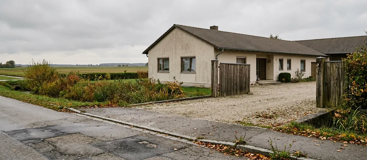 Umzugswagen parkt vor einem Einfamilienhaus, kurzer Weg zur Haustür