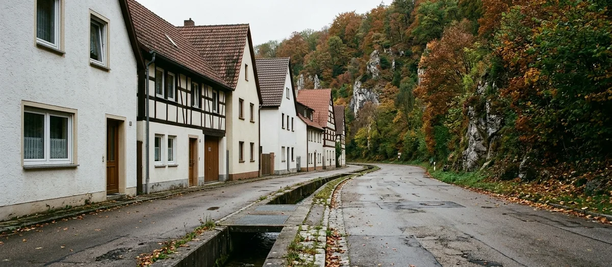 Transporter in einer schmalen Zufahrt, der Trageweg führt um das Haus
